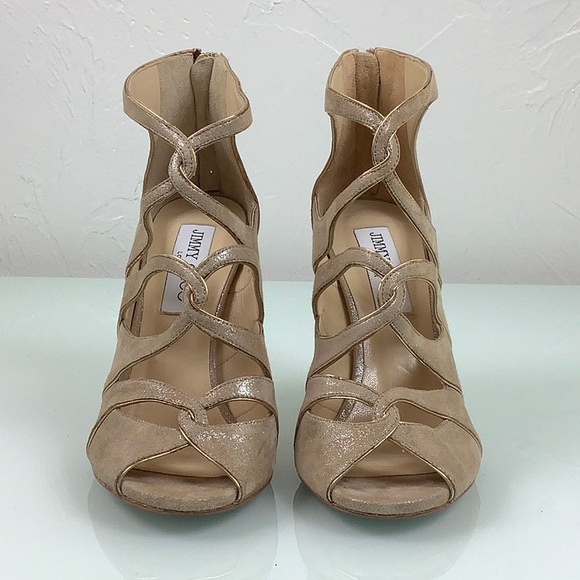 Jimmy Choo Leash Shimmery Cutout Peep toe back zipper Sand Sandal size 36.5 EUC - Picture 8 of 16